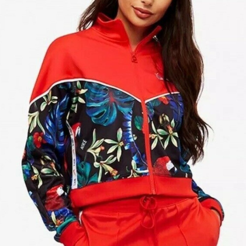NIKE Tropical Print Red Cropped Track Jacket - SM